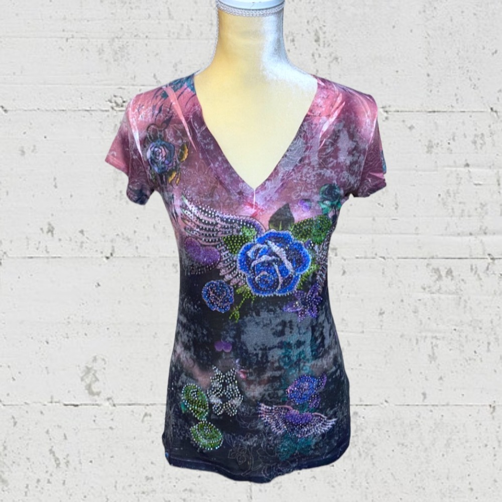 S-Twelve Floral Print Rhinestone Bedazzled V-neck Tee